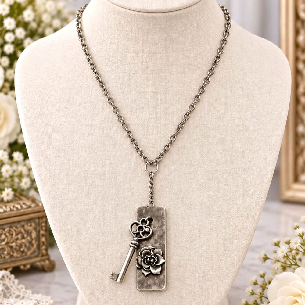 Vintage Silver Tone Lock & Key Pendant Necklace Floral Rose Statement Jewelry